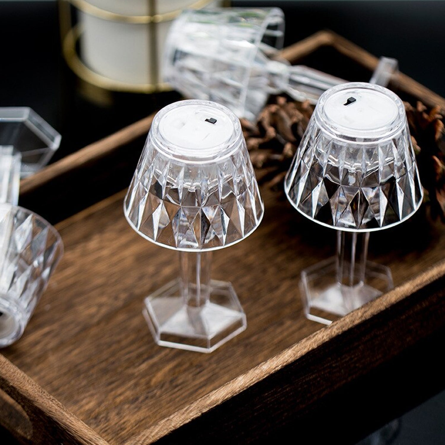 Transparent table lamp with crystal accents. Transparent table lamp with crystal accents.